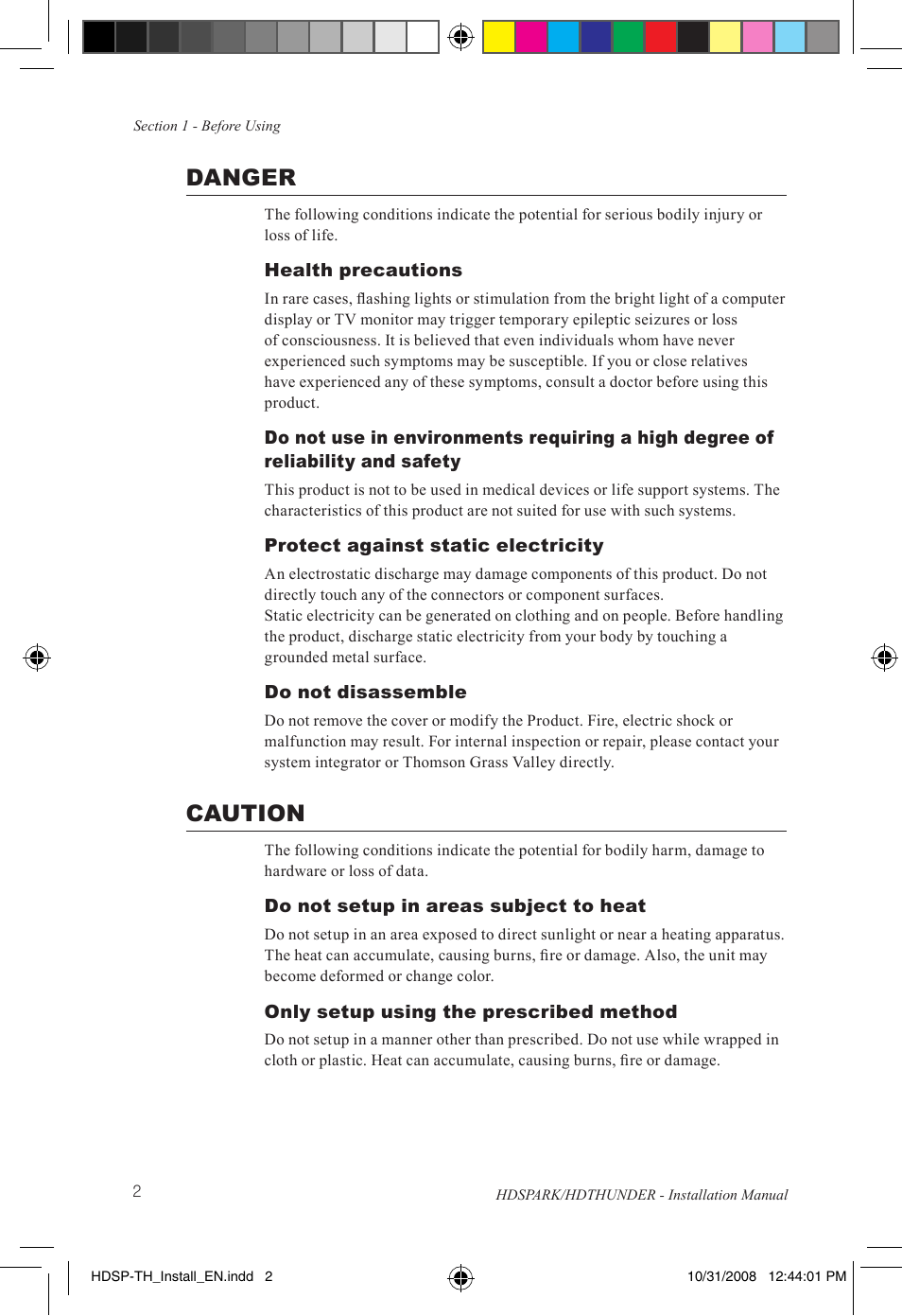 Danger, Caution | Grass Valley HSPARK User Manual | Page 8 / 120