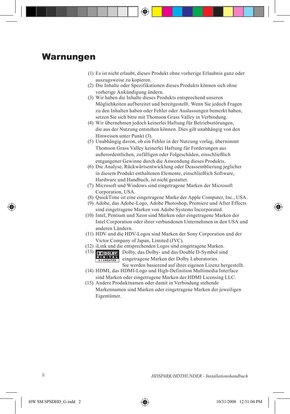 Warnungen | Grass Valley HSPARK User Manual | Page 82 / 120