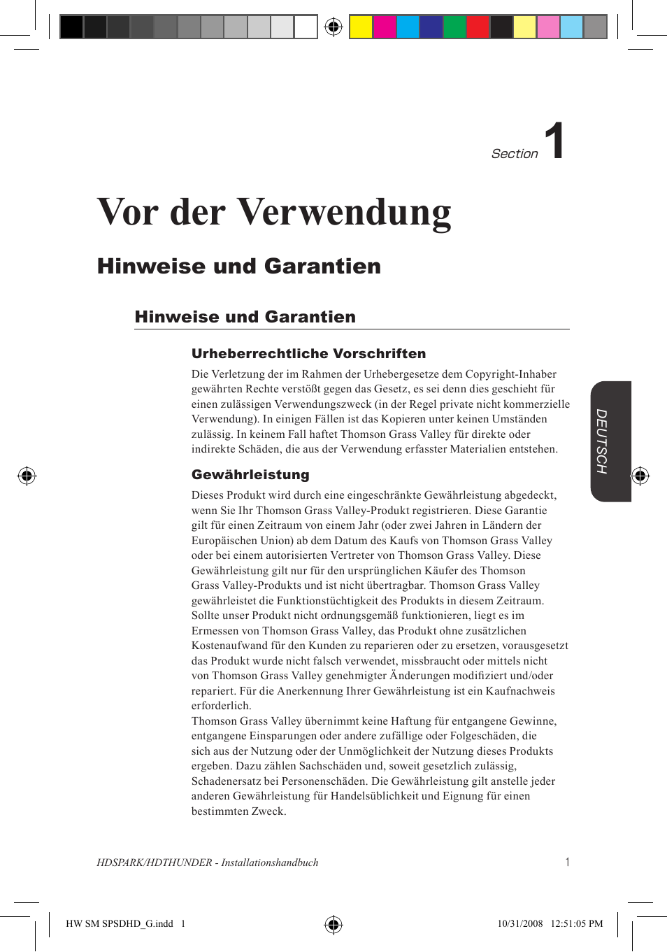 Vor der verwendung, Hinweise und garantien | Grass Valley HSPARK User Manual | Page 87 / 120