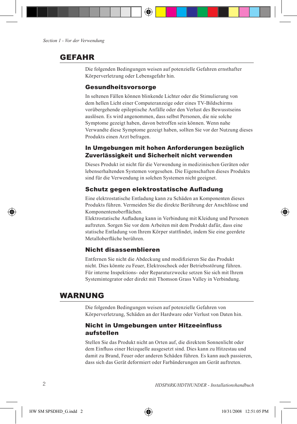 Gefahr, Warnung | Grass Valley HSPARK User Manual | Page 88 / 120
