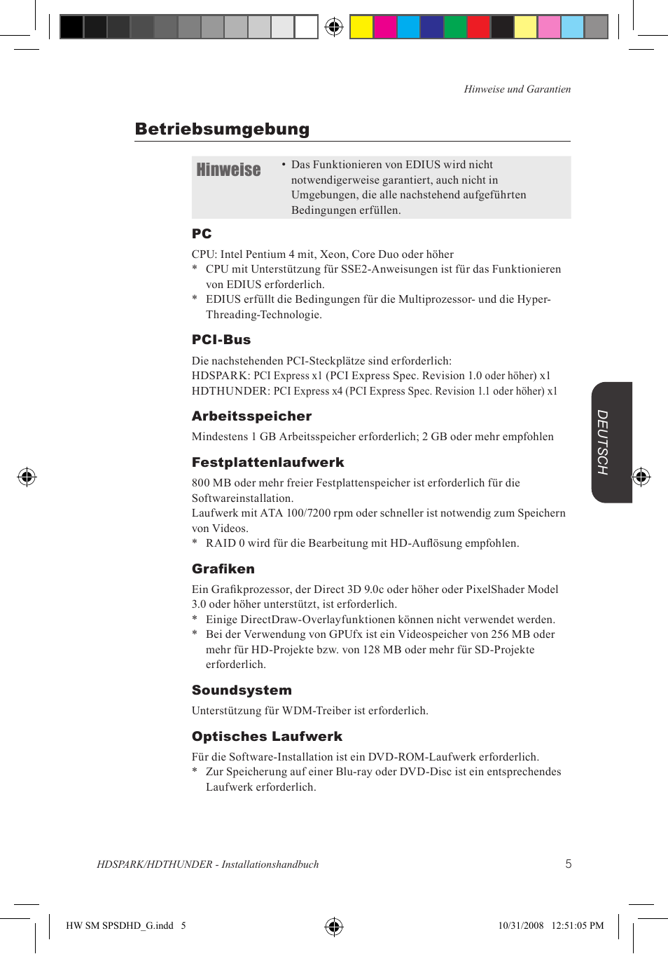 Betriebsumgebung hinweise | Grass Valley HSPARK User Manual | Page 91 / 120