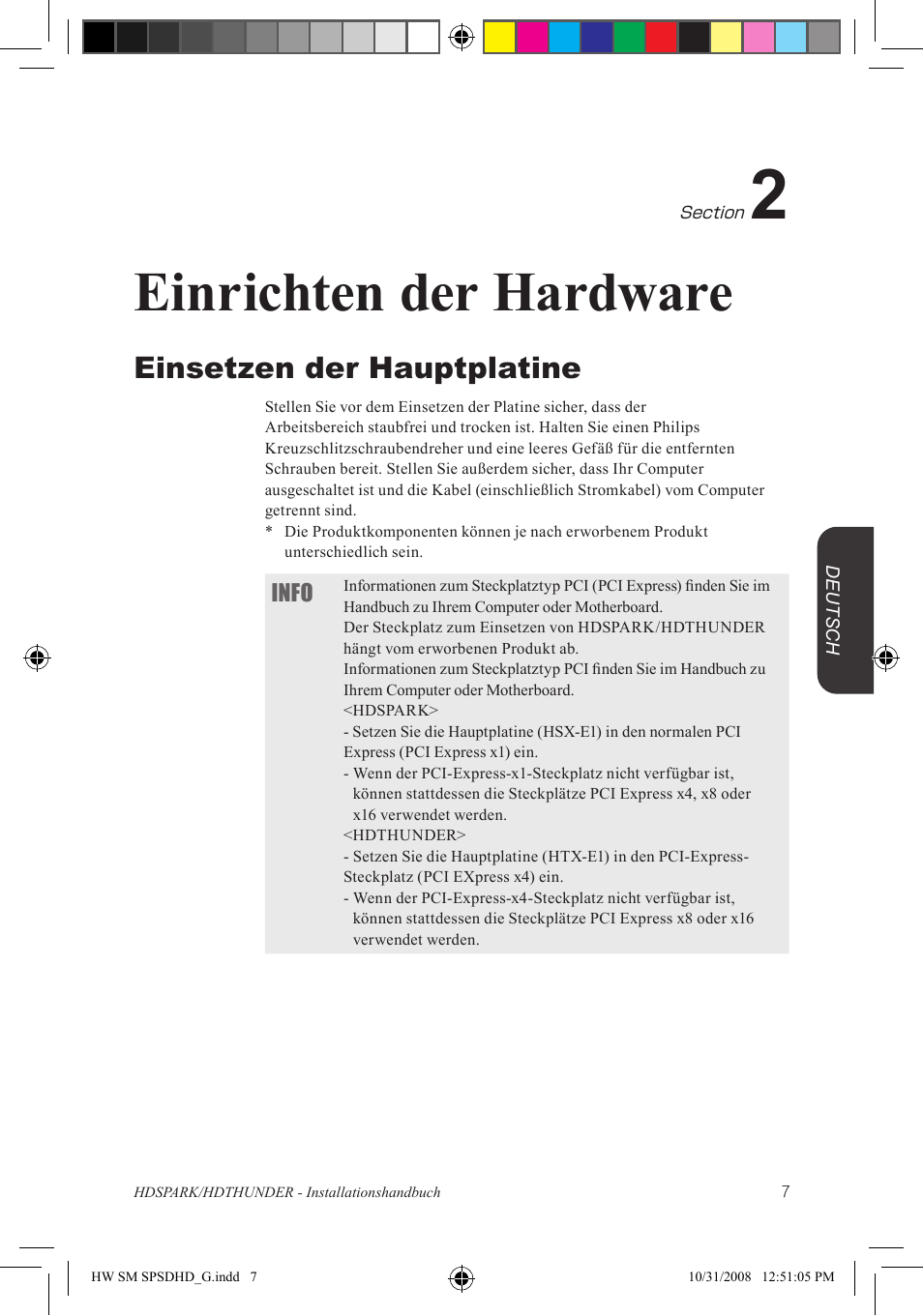 Einrichten der hardware, Einsetzen der hauptplatine, Info | Grass Valley HSPARK User Manual | Page 93 / 120