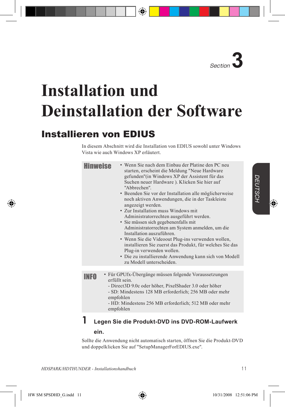Installation und deinstallation der software, Installieren von edius | Grass Valley HSPARK User Manual | Page 97 / 120