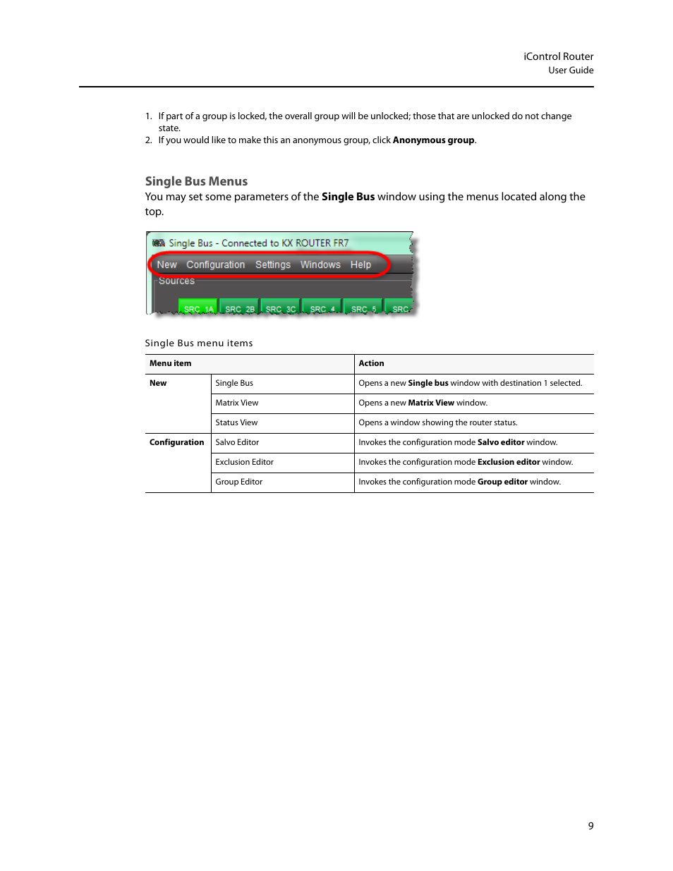 Single bus menus | Grass Valley iRouter v.6.01 User Manual | Page 13 / 100
