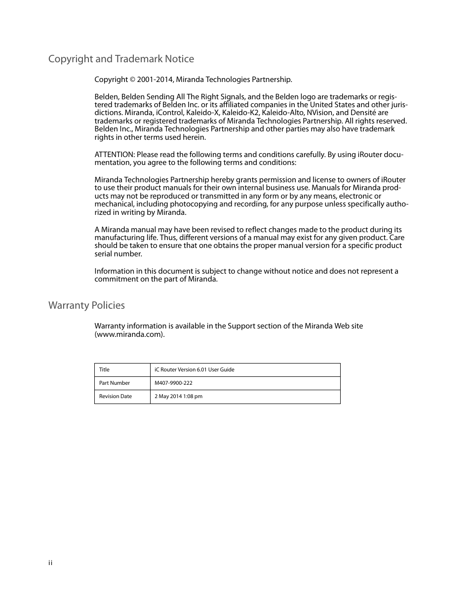 Copyright and trademark notice, Warranty policies | Grass Valley iRouter v.6.01 User Manual | Page 2 / 100