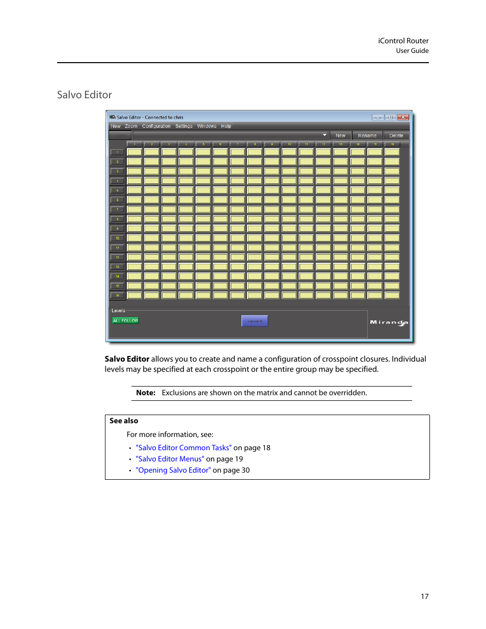 Salvo editor | Grass Valley iRouter v.6.01 User Manual | Page 21 / 100