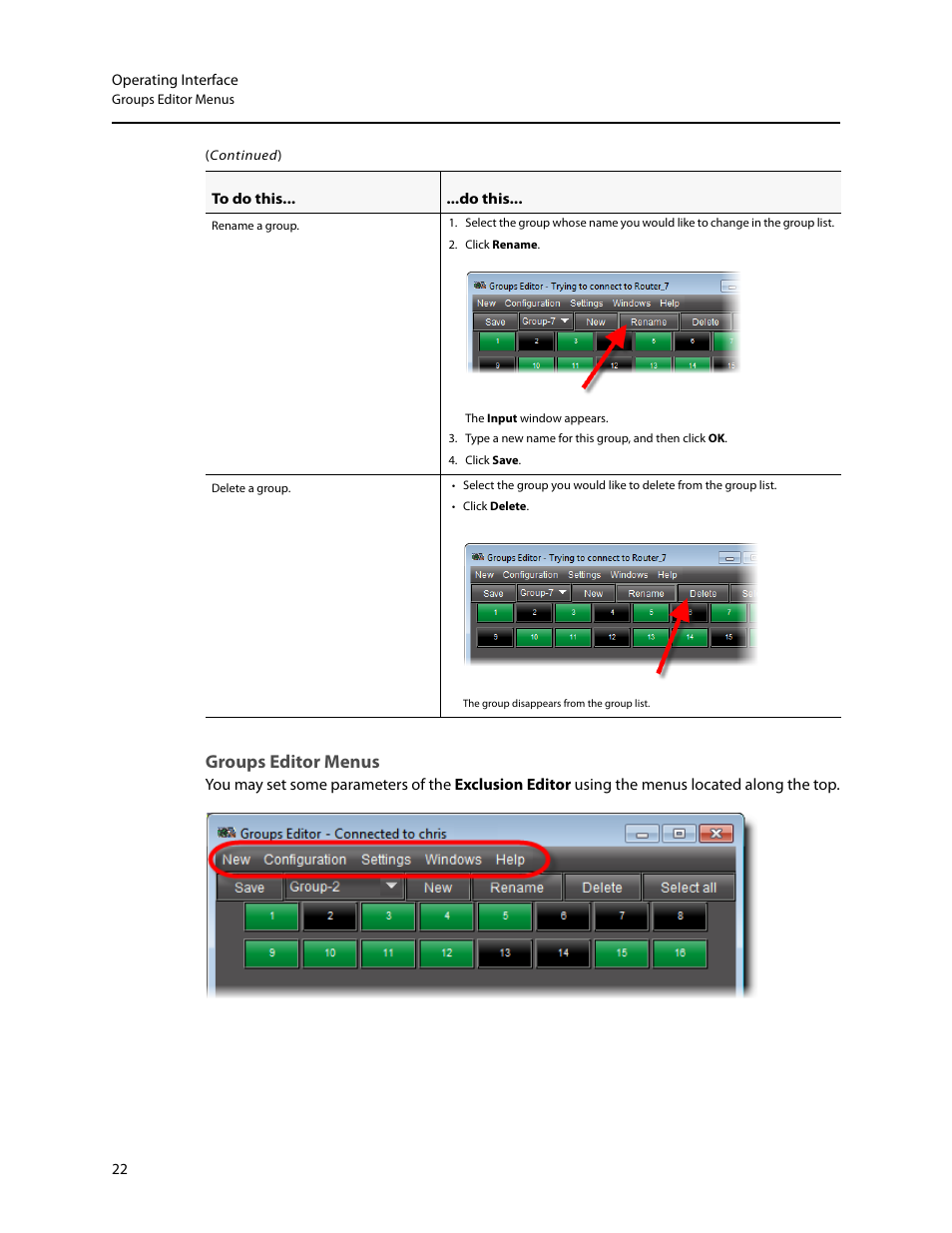 Groups editor menus | Grass Valley iRouter v.6.01 User Manual | Page 26 / 100