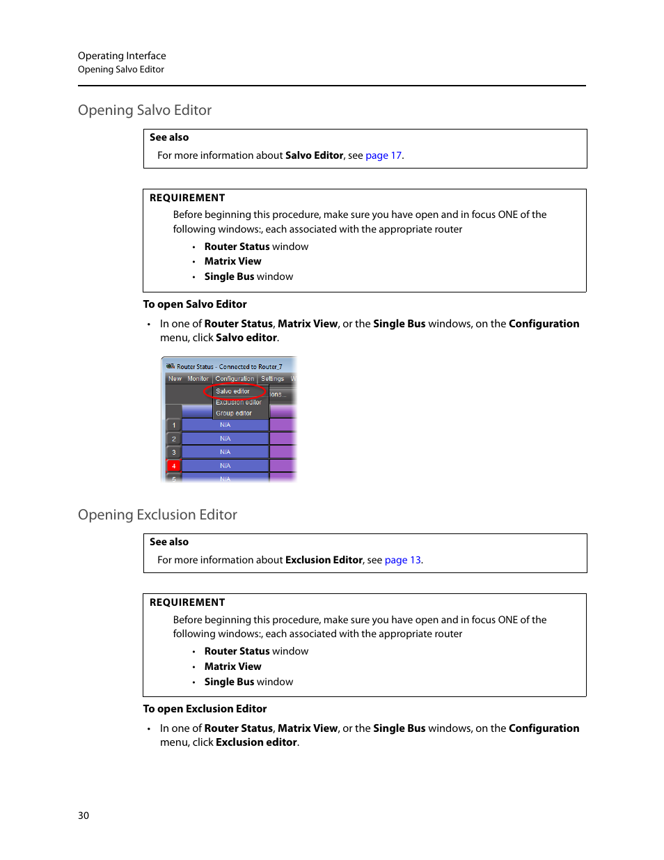 Opening salvo editor, Opening exclusion editor, Opening salvo editor opening exclusion editor | Grass Valley iRouter v.6.01 User Manual | Page 34 / 100