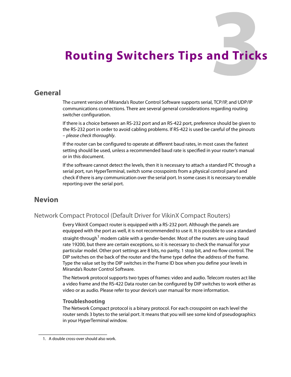 Routing switchers tips and tricks, General, Nevion | Troubleshooting, 3 routing switchers tips and tricks, General nevion | Grass Valley iRouter v.6.01 User Manual | Page 37 / 100