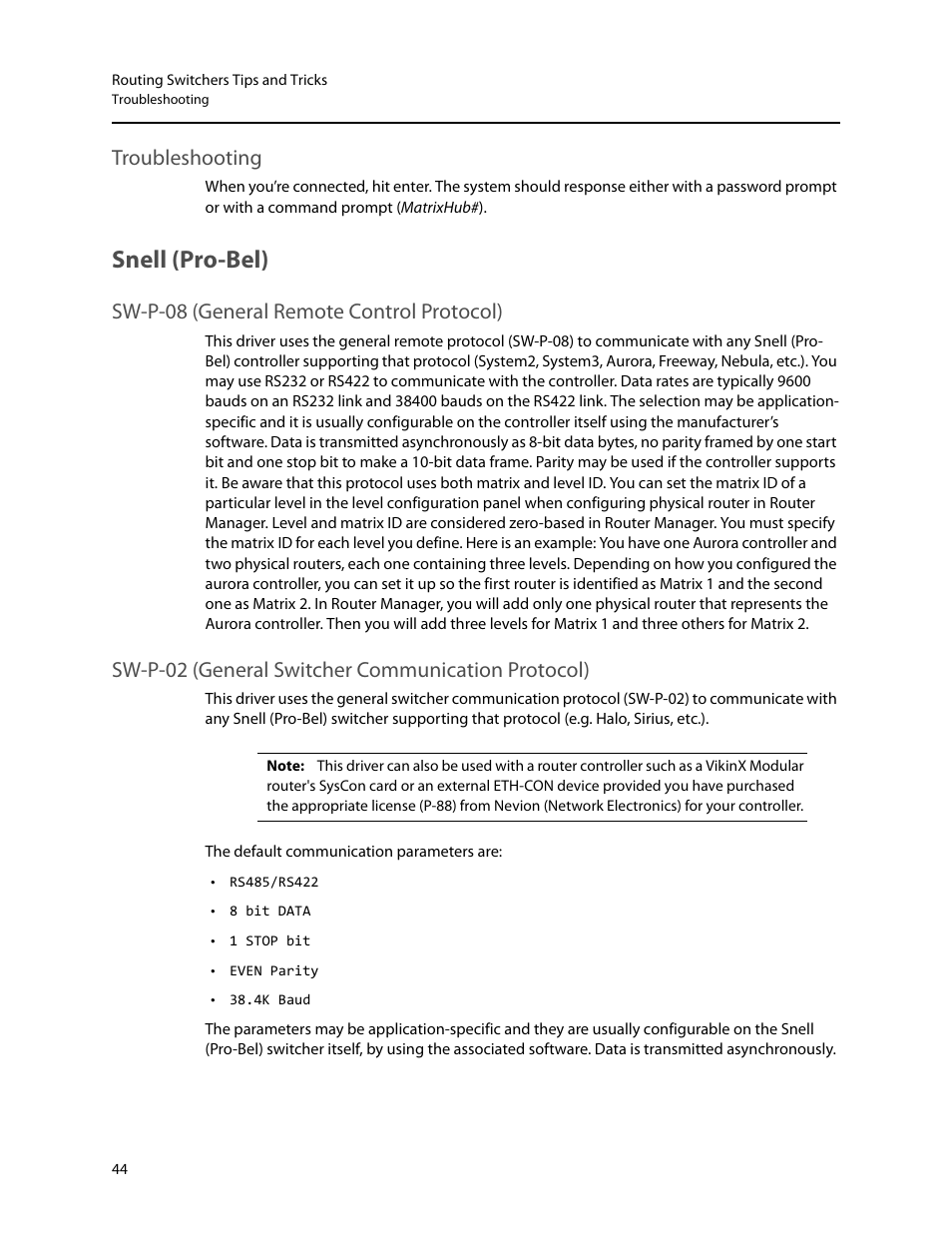 Troubleshooting, Snell (pro-bel), Sw-p-08 (general remote control protocol) | Sw-p-02 (general switcher communication protocol) | Grass Valley iRouter v.6.01 User Manual | Page 48 / 100