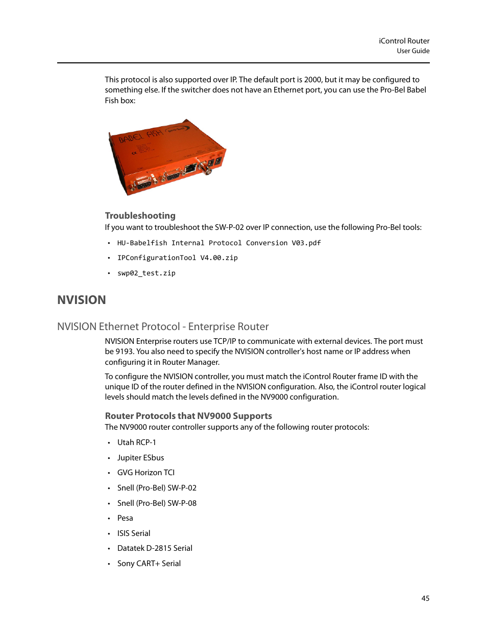 Troubleshooting, Nvision, Nvision ethernet protocol - enterprise router | Router protocols that nv9000 supports | Grass Valley iRouter v.6.01 User Manual | Page 49 / 100