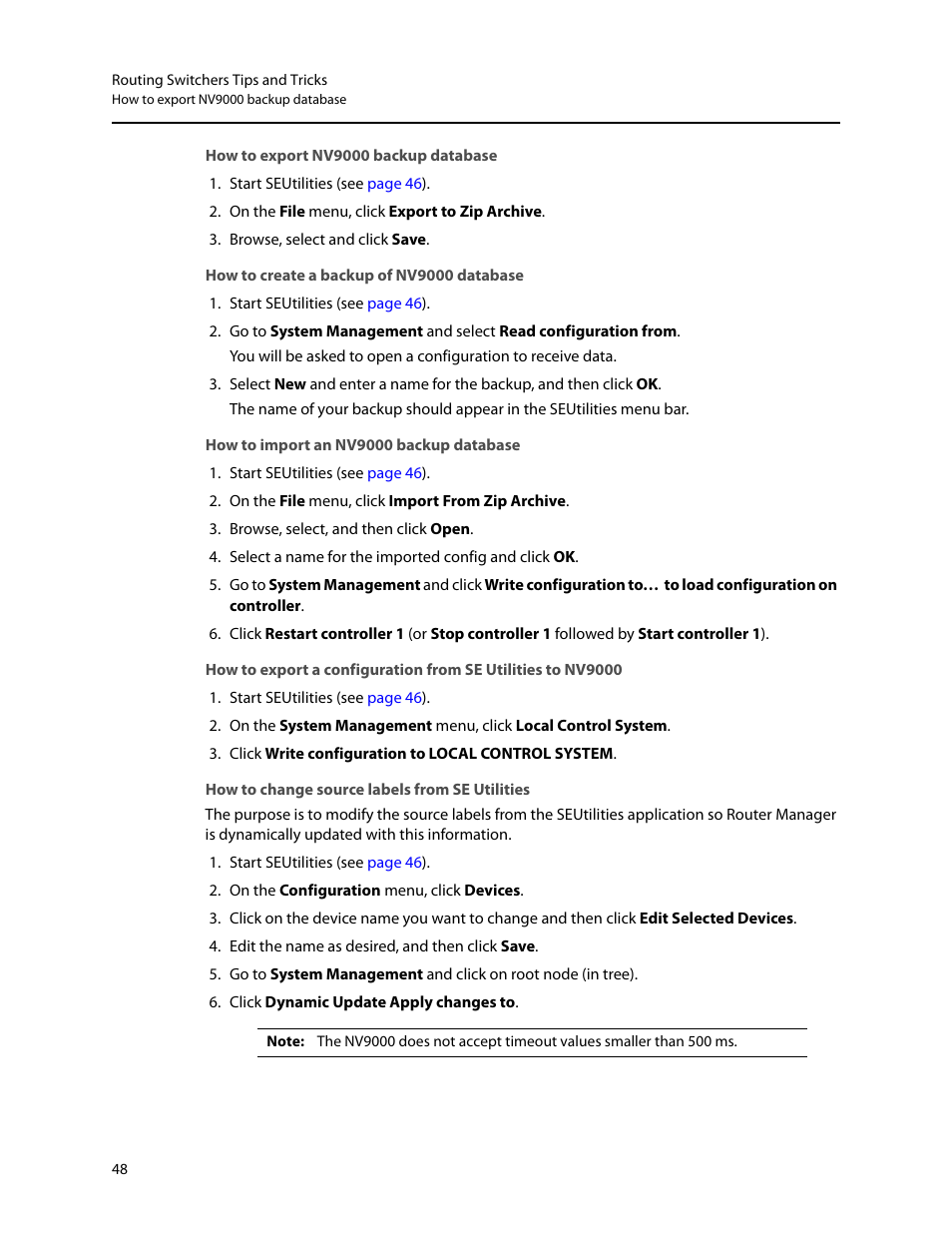 How to export nv9000 backup database, How to create a backup of nv9000 database, How to import an nv9000 backup database | How to change source labels from se utilities | Grass Valley iRouter v.6.01 User Manual | Page 52 / 100