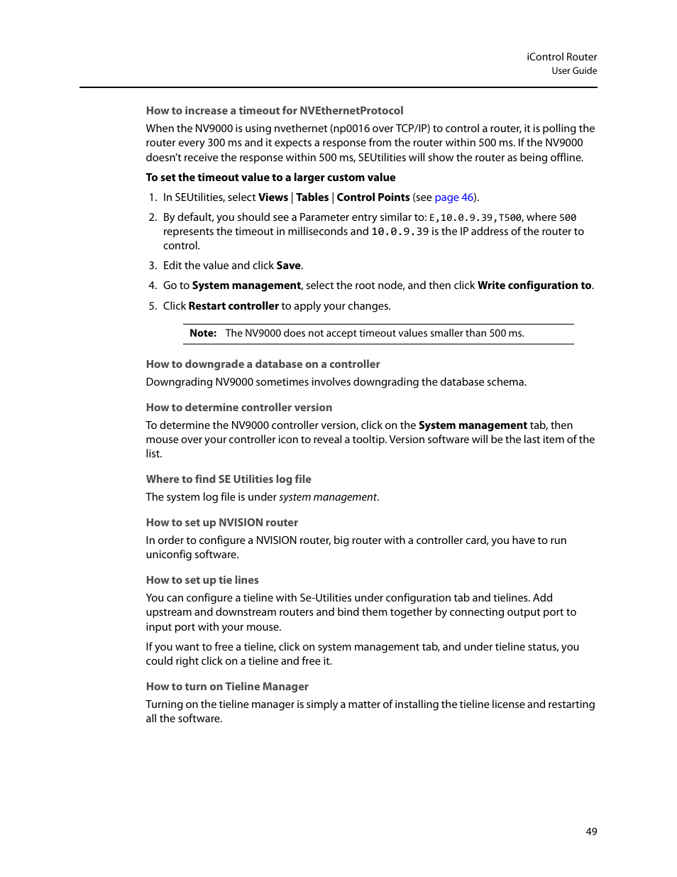 How to increase a timeout for nvethernetprotocol, How to downgrade a database on a controller, How to determine controller version | Where to find se utilities log file, How to set up nvision router, How to set up tie lines, How to turn on tieline manager | Grass Valley iRouter v.6.01 User Manual | Page 53 / 100