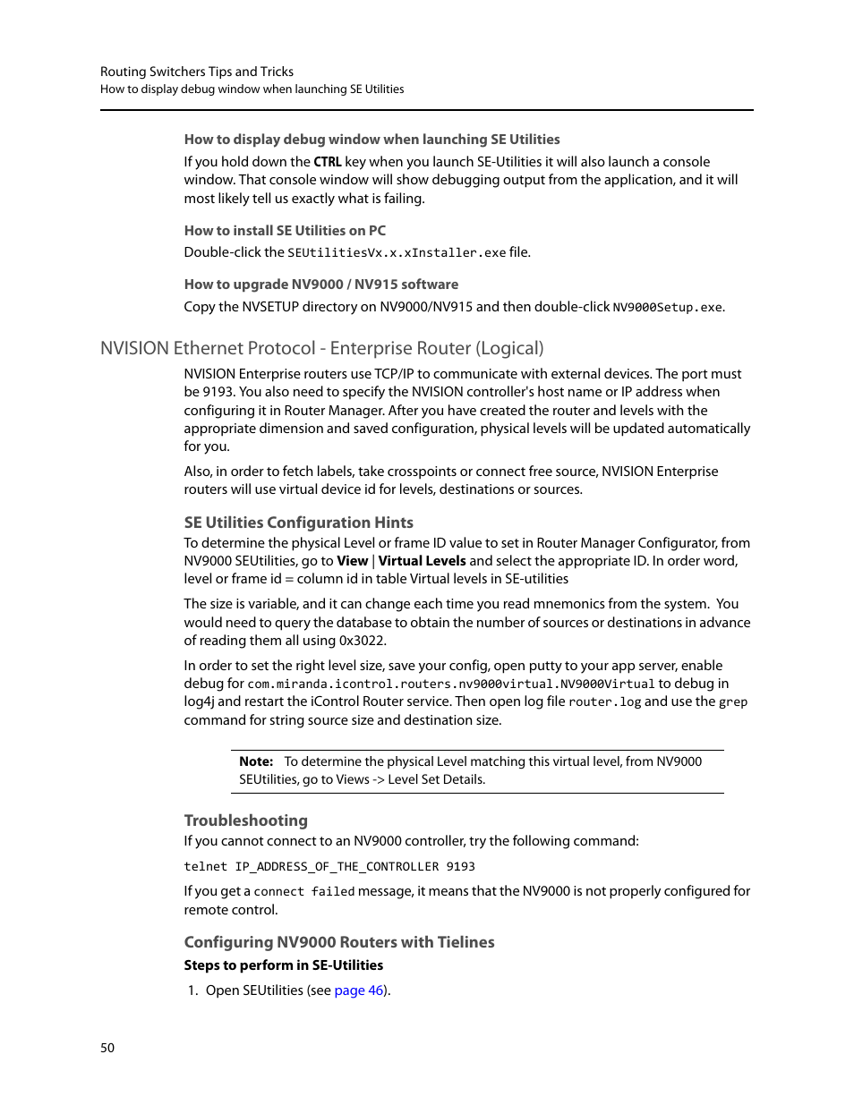 How to install se utilities on pc, How to upgrade nv9000 / nv915 software, Se utilities configuration hints | Troubleshooting, Configuring nv9000 routers with tielines | Grass Valley iRouter v.6.01 User Manual | Page 54 / 100