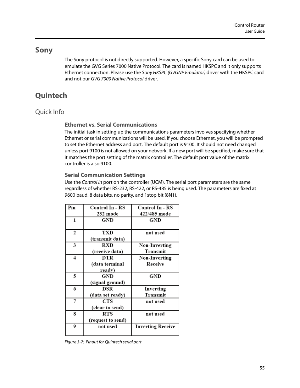 Sony, Quintech, Quick info | Ethernet vs. serial communications, Serial communication settings, Sony quintech | Grass Valley iRouter v.6.01 User Manual | Page 59 / 100