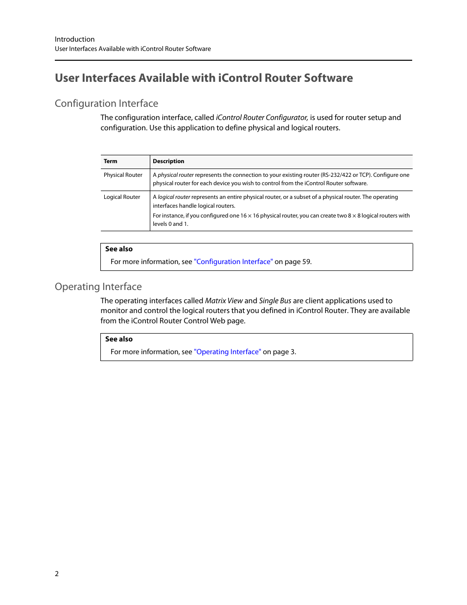 Configuration interface, Operating interface, Configuration interface operating interface | Grass Valley iRouter v.6.01 User Manual | Page 6 / 100