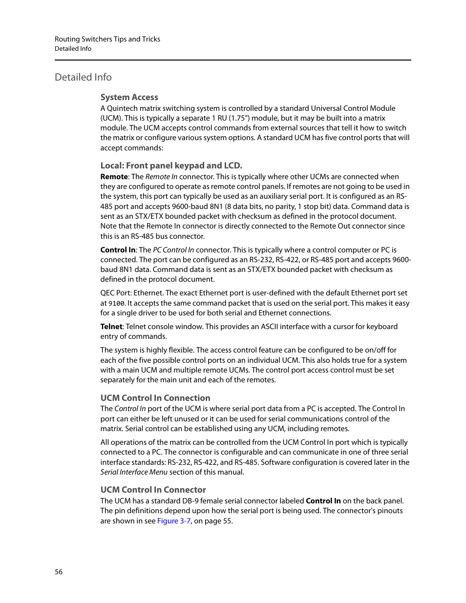 Detailed info, System access, Local: front panel keypad and lcd | Ucm control in connection, Ucm control in connector | Grass Valley iRouter v.6.01 User Manual | Page 60 / 100