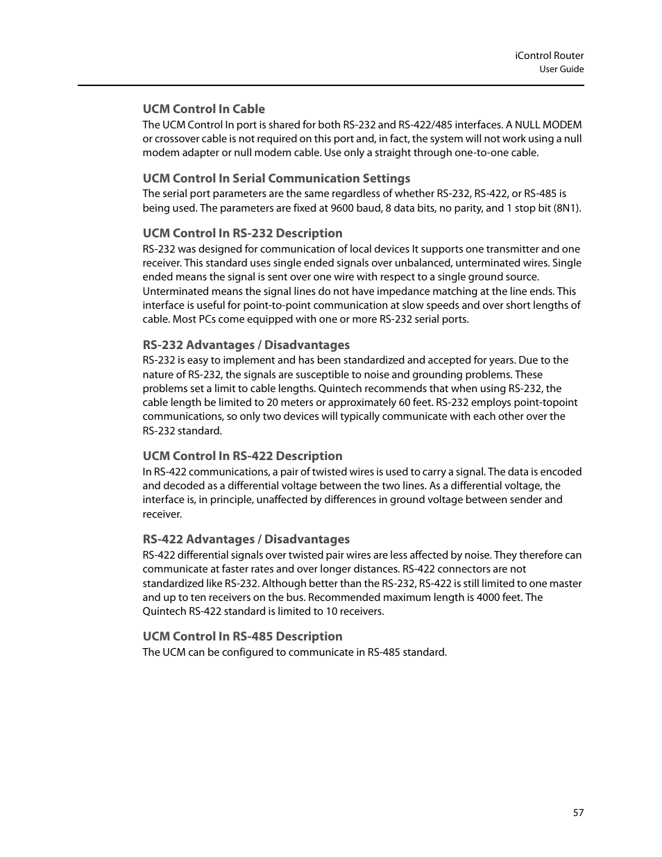 Ucm control in cable, Ucm control in serial communication settings, Ucm control in rs-232 description | Rs-232 advantages / disadvantages, Ucm control in rs-422 description, Rs-422 advantages / disadvantages, Ucm control in rs-485 description | Grass Valley iRouter v.6.01 User Manual | Page 61 / 100