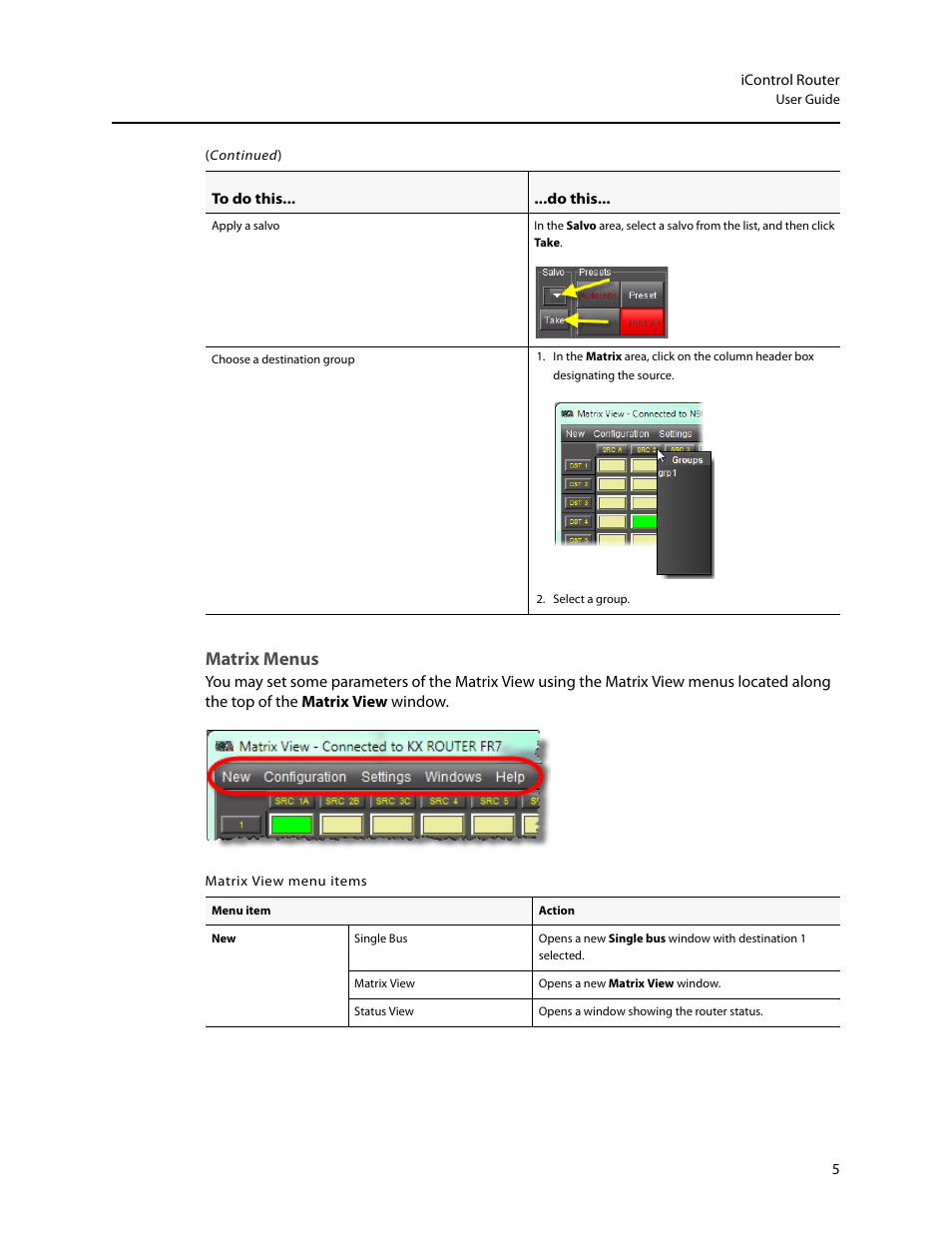 Matrix menus | Grass Valley iRouter v.6.01 User Manual | Page 9 / 100