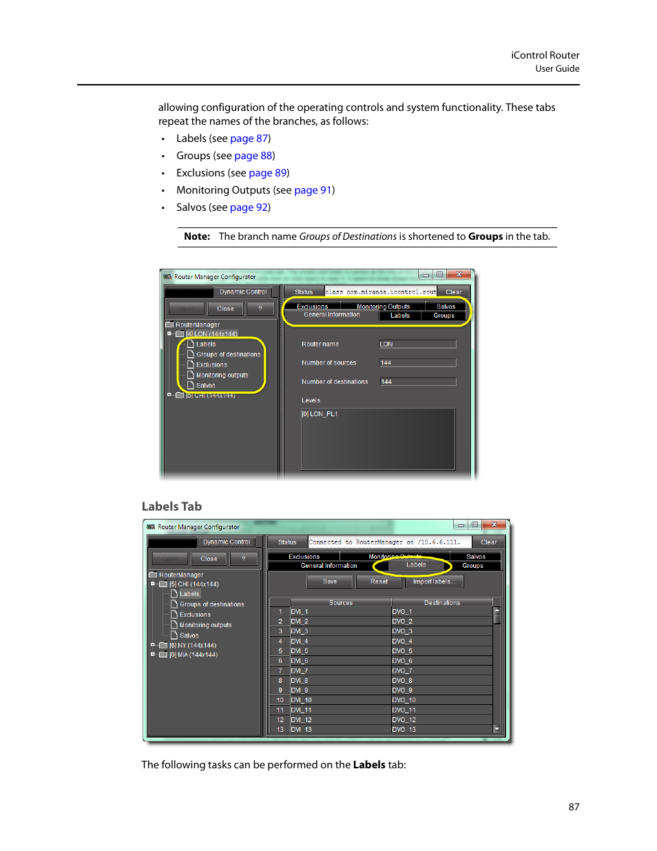 Labels tab | Grass Valley iRouter v.6.01 User Manual | Page 91 / 100