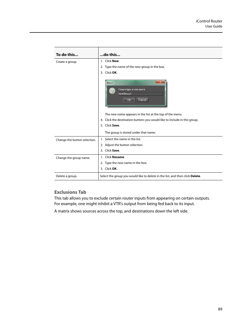 Exclusions tab, Ons (see | Grass Valley iRouter v.6.01 User Manual | Page 93 / 100