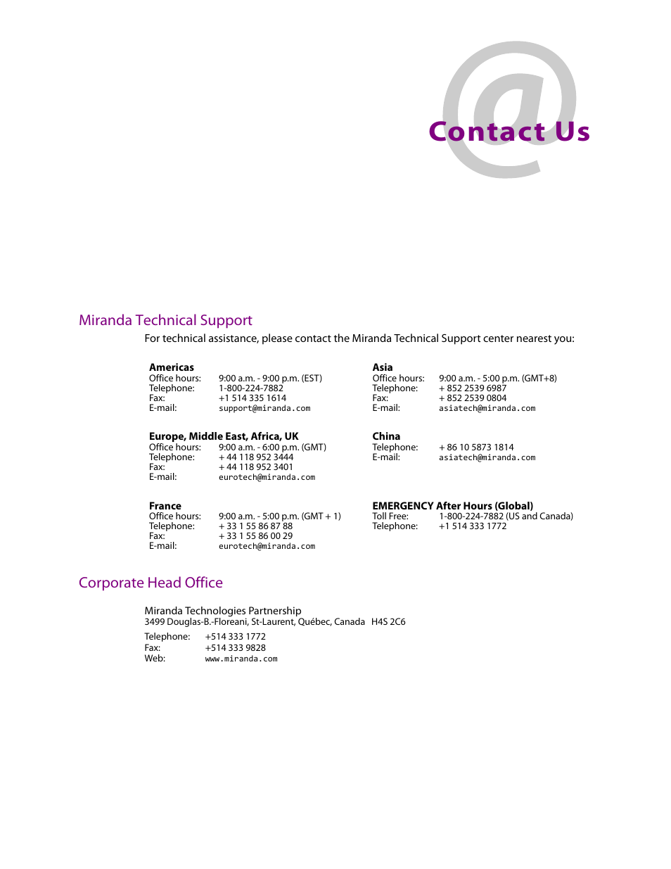 Contact us, Miranda technical support, Corporate head office | Grass Valley iRouter v.6.01 User Manual | Page 99 / 100