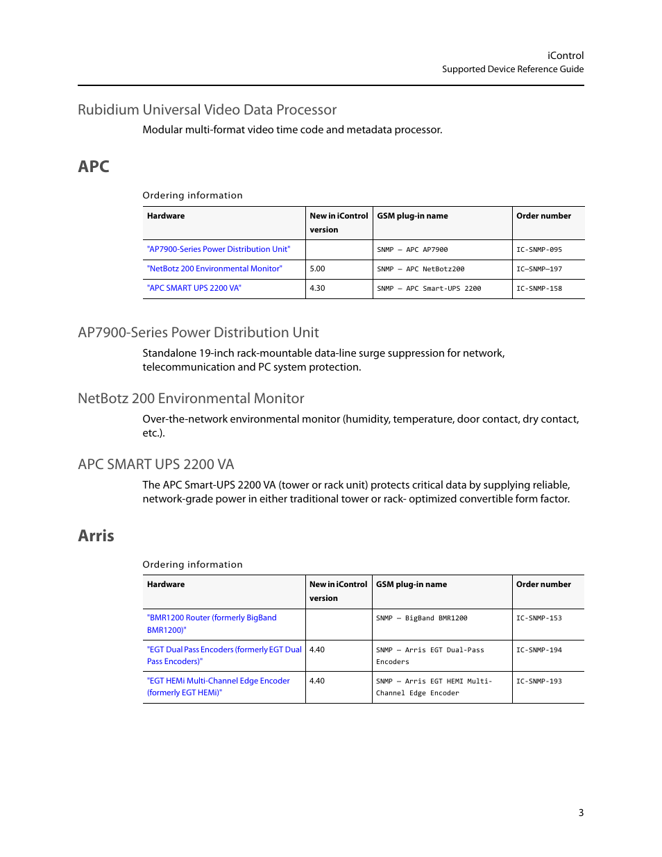 Arris, Rubidium universal video data processor, Ap7900-series power distribution unit | Netbotz 200 environmental monitor, Apc smart ups 2200 va | Grass Valley iControl Supported Devices V.1 User Manual | Page 11 / 48