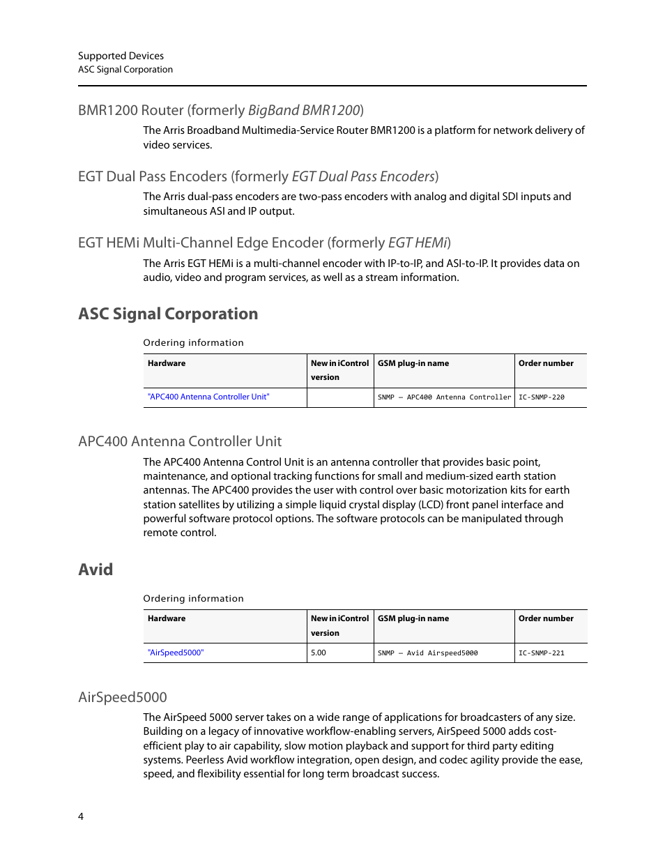 Asc signal corporation, Avid, Apc400 antenna controller unit | Airspeed5000, Bmr1200 router (formerly bigband bmr1200) | Grass Valley iControl Supported Devices V.1 User Manual | Page 12 / 48