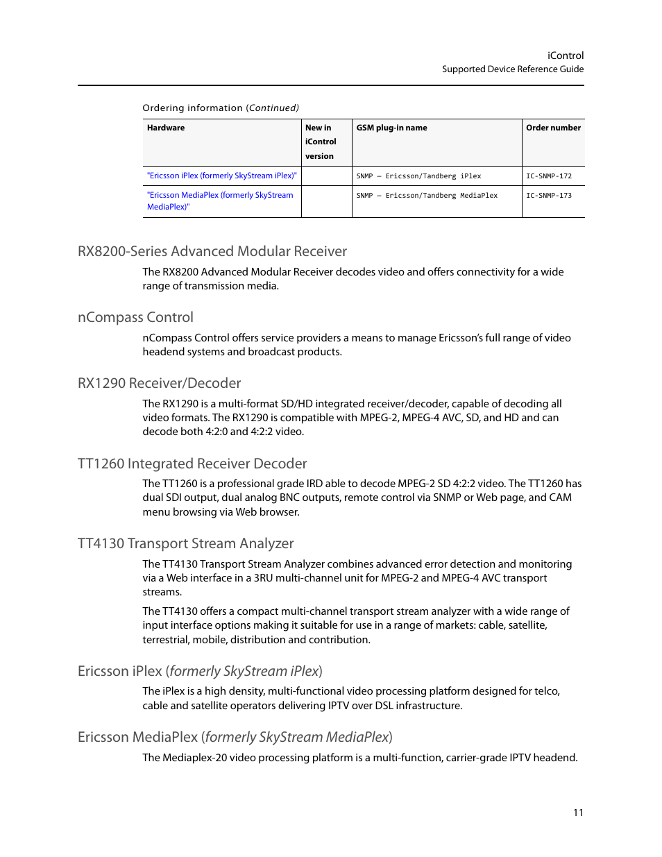 Ncompass control, Rx1290 receiver/decoder, Rx8200-series advanced modular receiver | Tt1260 integrated receiver decoder, Tt4130 transport stream analyzer, Ericsson iplex ( formerly skystream iplex ) | Grass Valley iControl Supported Devices V.1 User Manual | Page 19 / 48