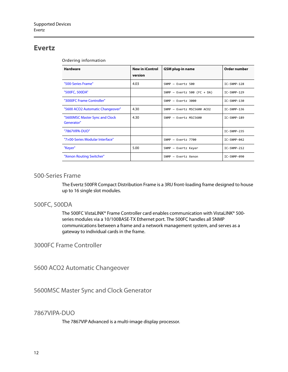 Evertz, Series frame | Grass Valley iControl Supported Devices V.1 User Manual | Page 20 / 48