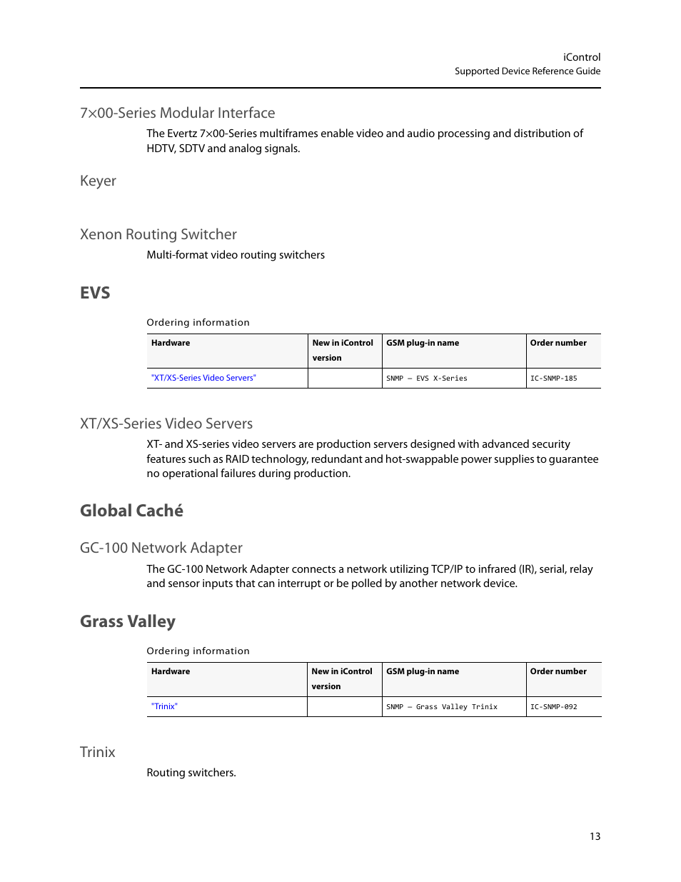 Global caché, Grass valley, Xt/xs-series video servers | Gc-100 network adapter, Trinix, Keyer, Xenon routing switcher, 7×00-series modular interface, Keyer xenon routing switcher | Grass Valley iControl Supported Devices V.1 User Manual | Page 21 / 48