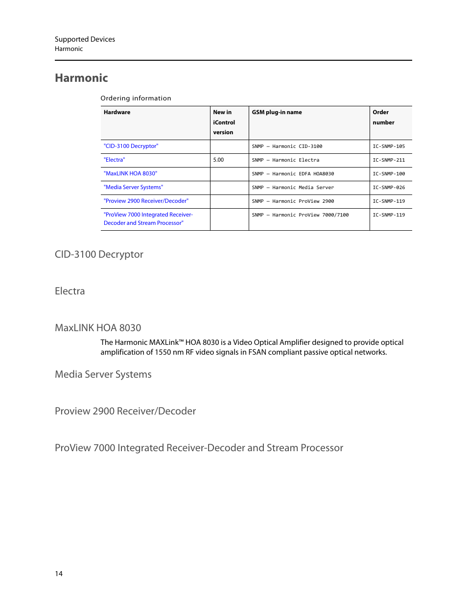 Harmonic, Cid-3100 decryptor | Grass Valley iControl Supported Devices V.1 User Manual | Page 22 / 48