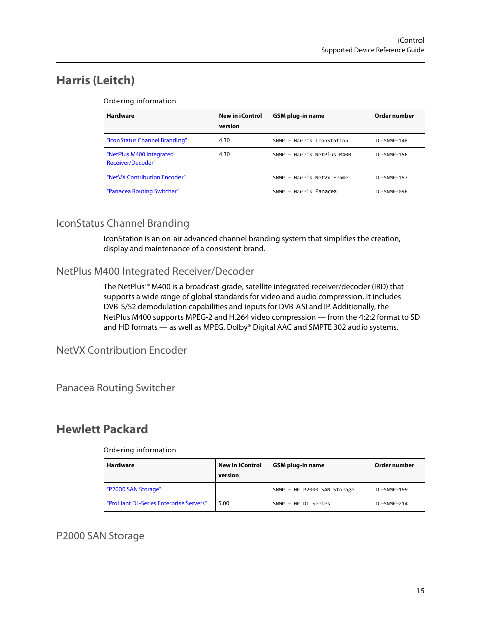 Harris (leitch), Hewlett packard, P2000 san storage | Iconstatus channel branding, Netplus m400 integrated receiver/decoder | Grass Valley iControl Supported Devices V.1 User Manual | Page 23 / 48