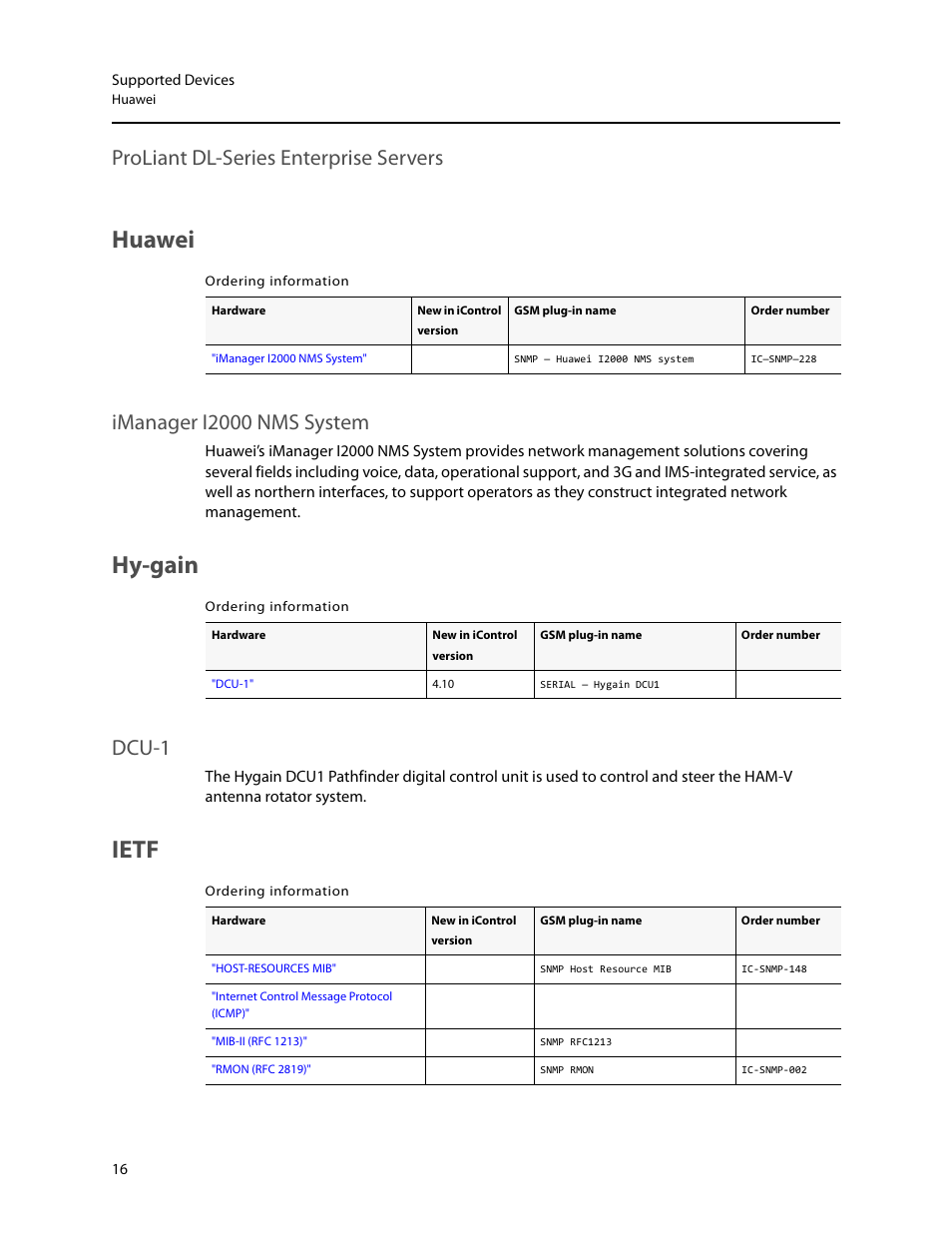 Huawei, Hy-gain, Ietf | Proliant dl-series enterprise servers, Imanager i2000 nms system, Dcu-1 | Grass Valley iControl Supported Devices V.1 User Manual | Page 24 / 48