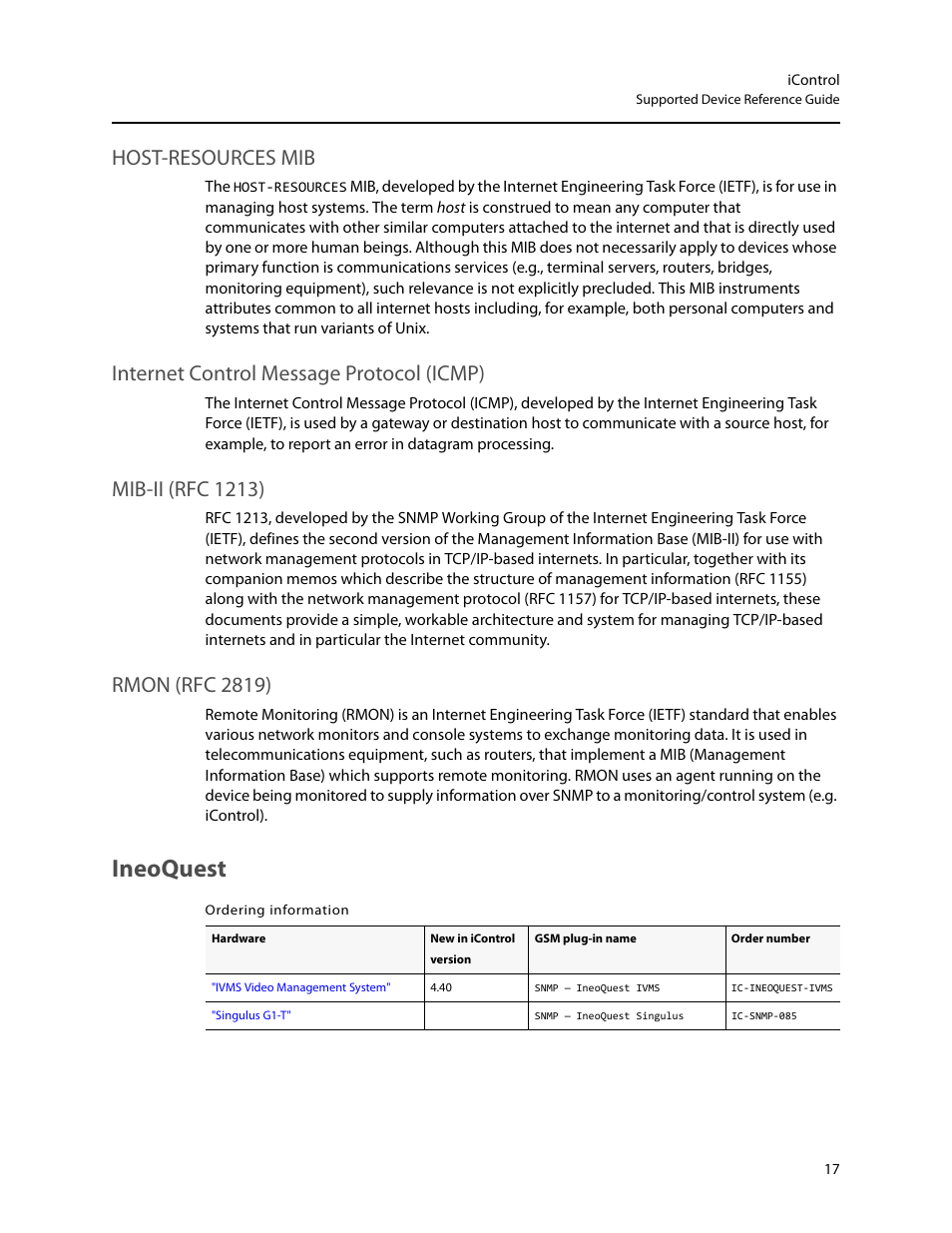 Ineoquest, Host-resources mib, Internet control message protocol (icmp) | Mib-ii (rfc 1213), Rmon (rfc 2819) | Grass Valley iControl Supported Devices V.1 User Manual | Page 25 / 48