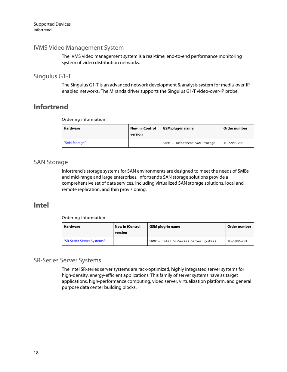 Infortrend, Intel, Ivms video management system singulus g1-t | San storage, Sr-series server systems, Ivms video management system, Singulus g1-t | Grass Valley iControl Supported Devices V.1 User Manual | Page 26 / 48