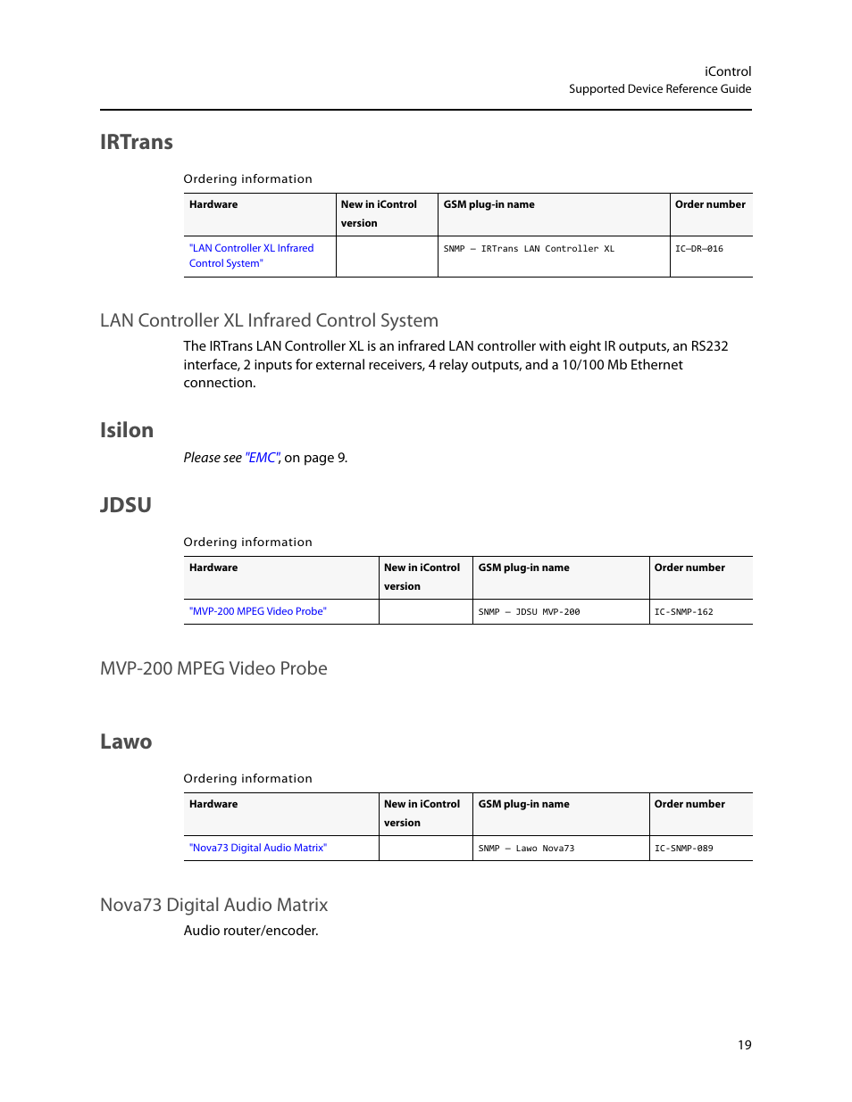Irtrans, Isilon, Jdsu | Lawo, Lan controller xl infrared control system, Isilon jdsu, Mvp-200 mpeg video probe, Nova73 digital audio matrix | Grass Valley iControl Supported Devices V.1 User Manual | Page 27 / 48