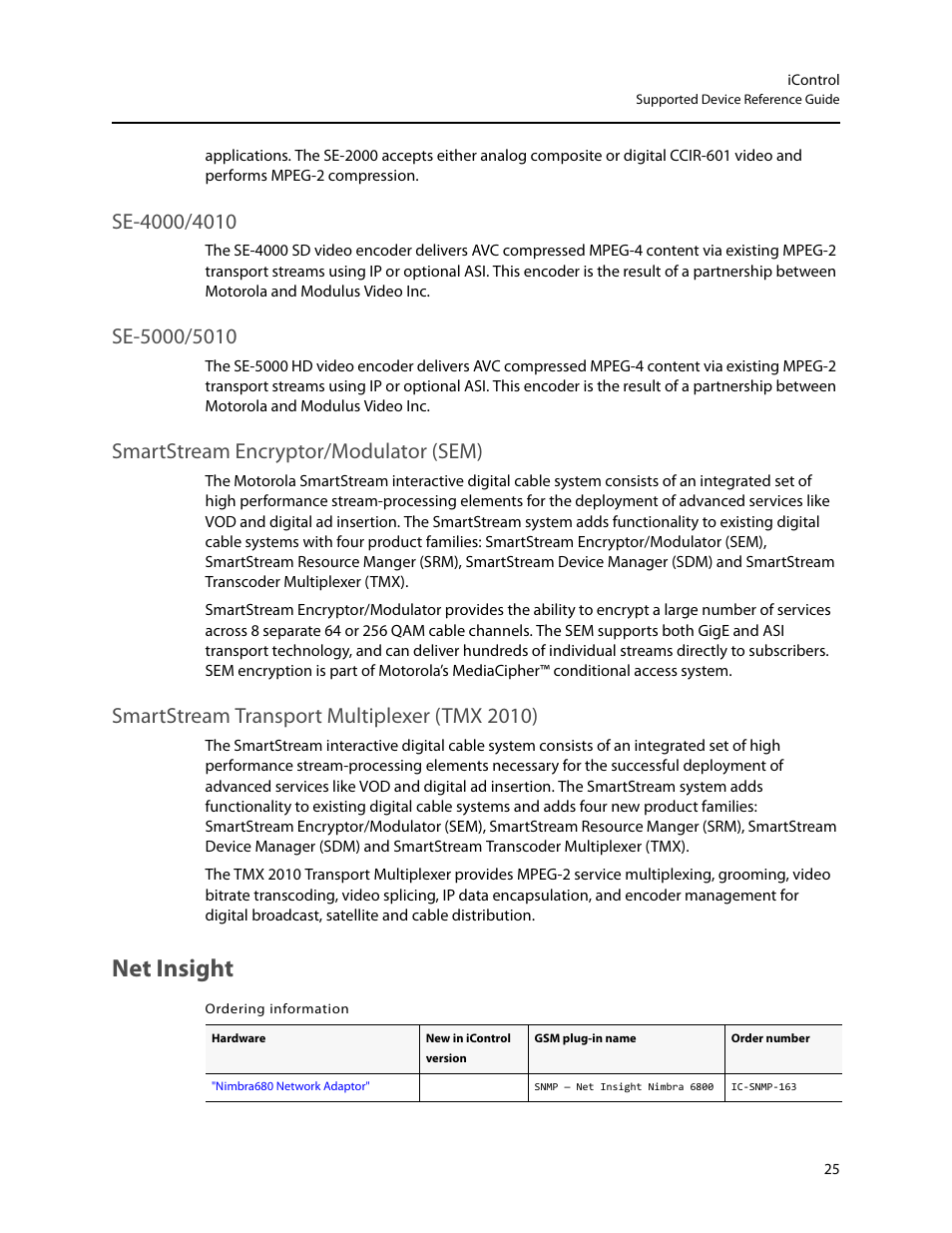 Net insight, Se-4000/4010, Se-5000/5010 | Smartstream encryptor/modulator (sem), Smartstream transport multiplexer (tmx 2010) | Grass Valley iControl Supported Devices V.1 User Manual | Page 33 / 48