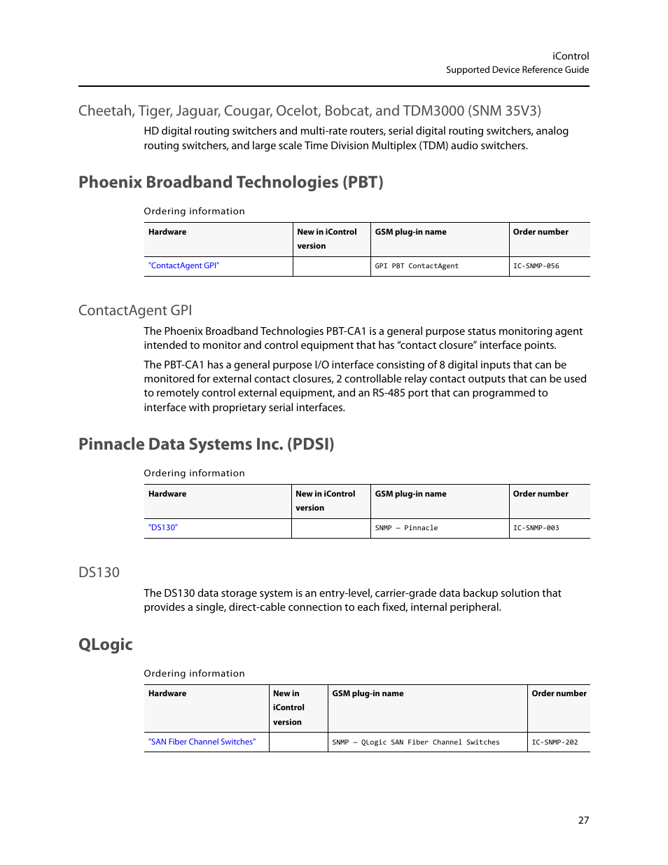 Phoenix broadband technologies (pbt), Pinnacle data systems inc. (pdsi), Qlogic | Contactagent gpi, Ds130 | Grass Valley iControl Supported Devices V.1 User Manual | Page 35 / 48