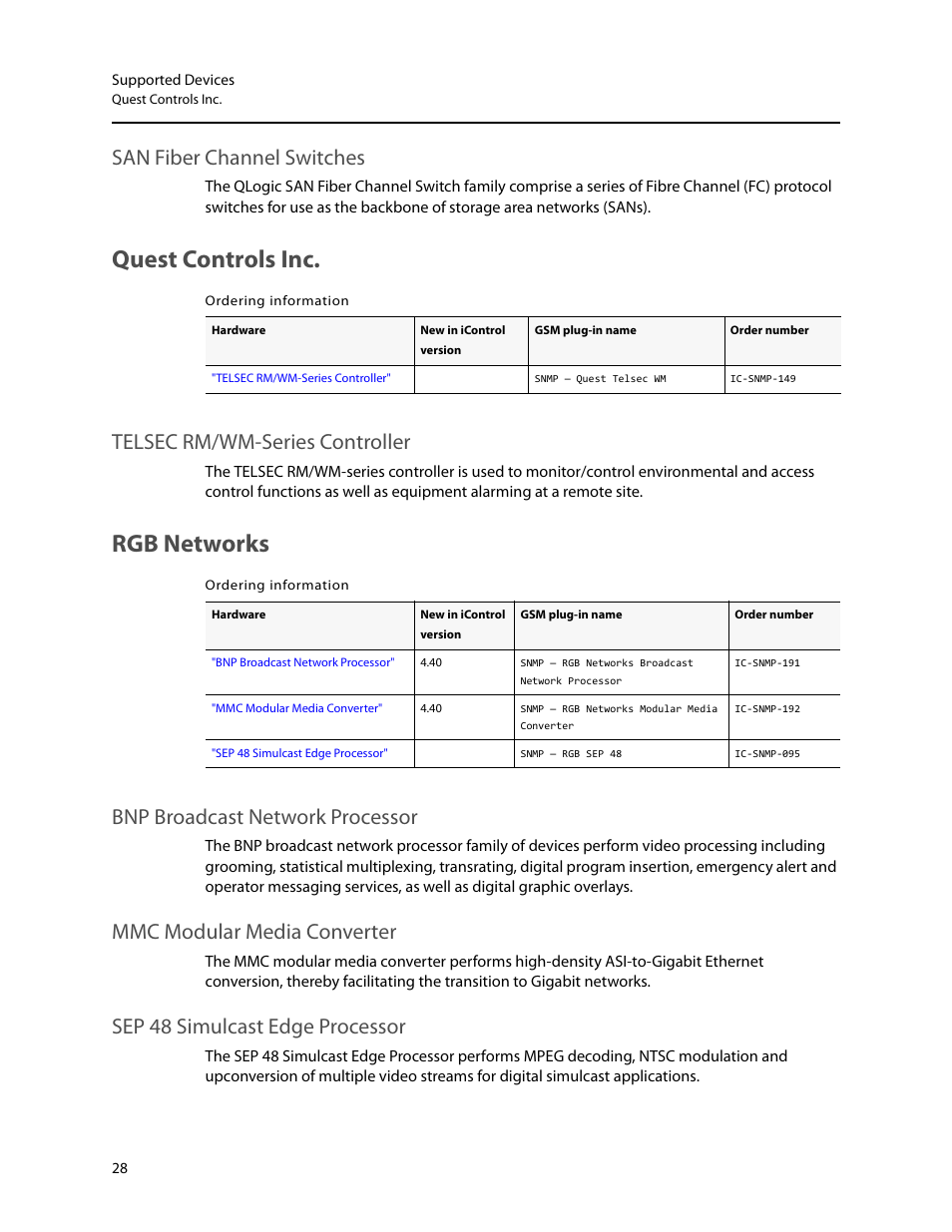 Quest controls inc, Rgb networks, San fiber channel switches | Telsec rm/wm-series controller, Bnp broadcast network processor, Mmc modular media converter, Sep 48 simulcast edge processor | Grass Valley iControl Supported Devices V.1 User Manual | Page 36 / 48