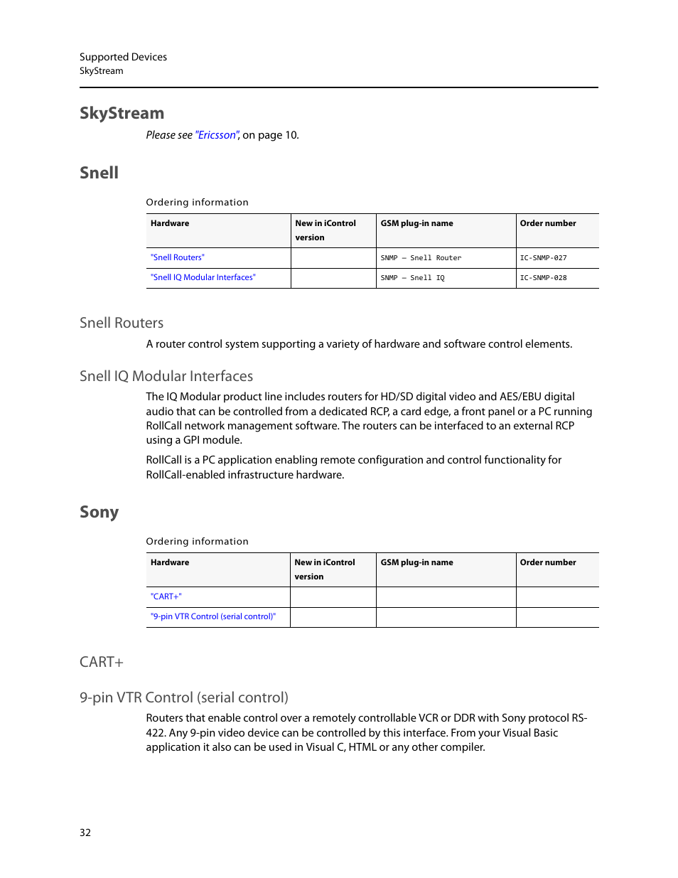 Skystream, Snell, Sony | Skystream snell, Snell routers snell iq modular interfaces, Cart+ 9-pin vtr control (serial control), Snell routers, Snell iq modular interfaces | Grass Valley iControl Supported Devices V.1 User Manual | Page 40 / 48