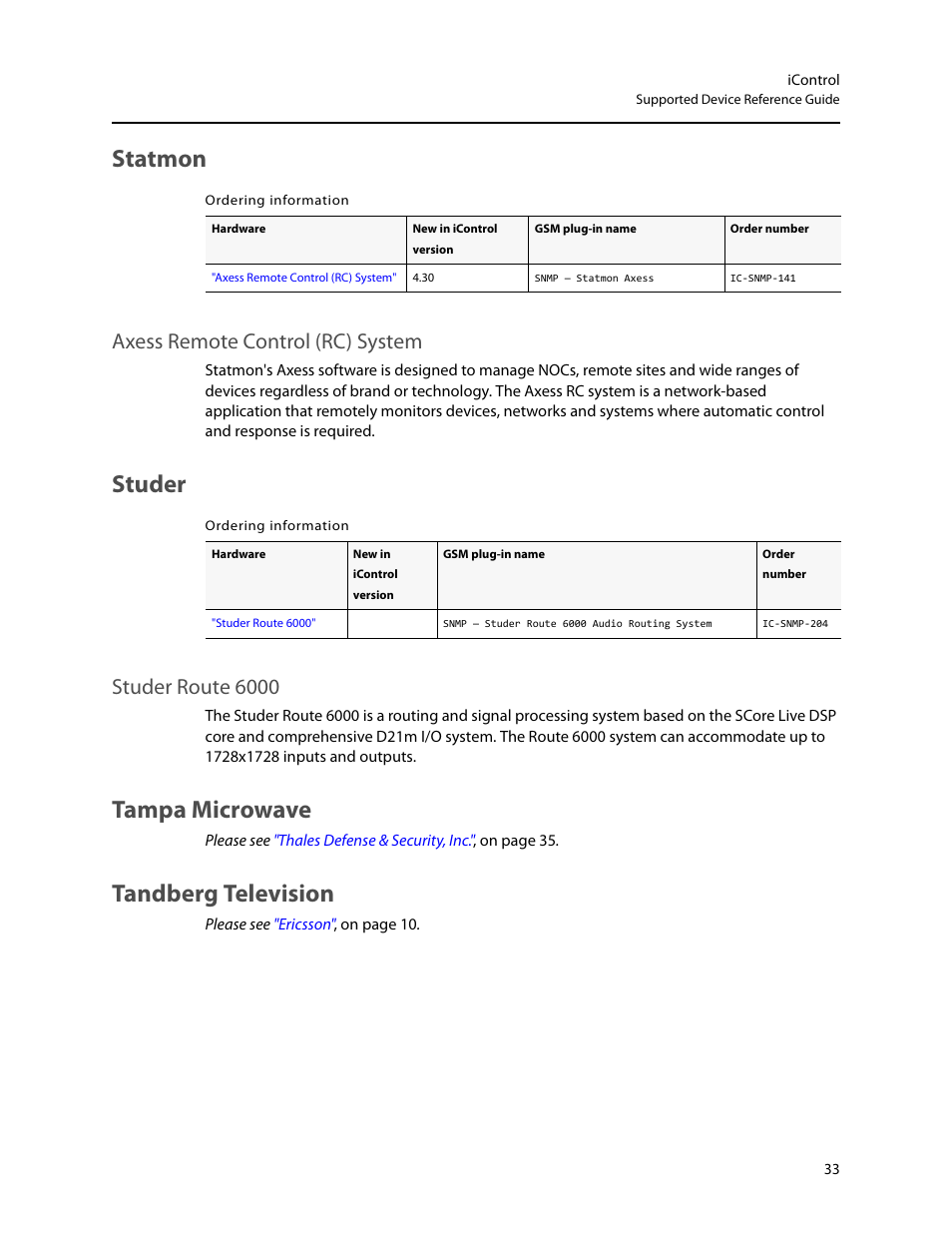 Statmon, Studer, Tampa microwave | Tandberg television, Axess remote control (rc) system, Studer route 6000, Tampa microwave tandberg television | Grass Valley iControl Supported Devices V.1 User Manual | Page 41 / 48