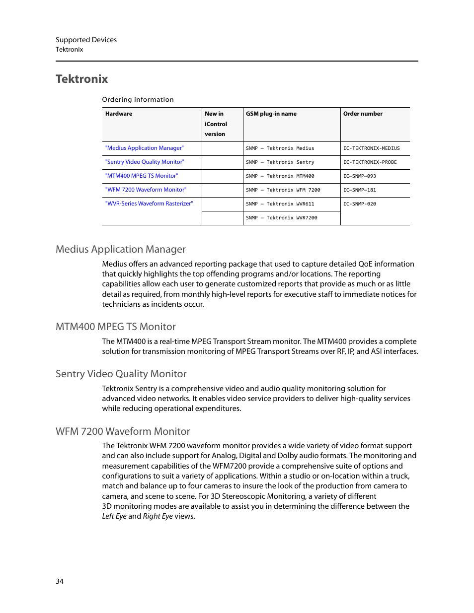 Tektronix, Medius application manager, Mtm400 mpeg ts monitor | Sentry video quality monitor, Wfm 7200 waveform monitor | Grass Valley iControl Supported Devices V.1 User Manual | Page 42 / 48