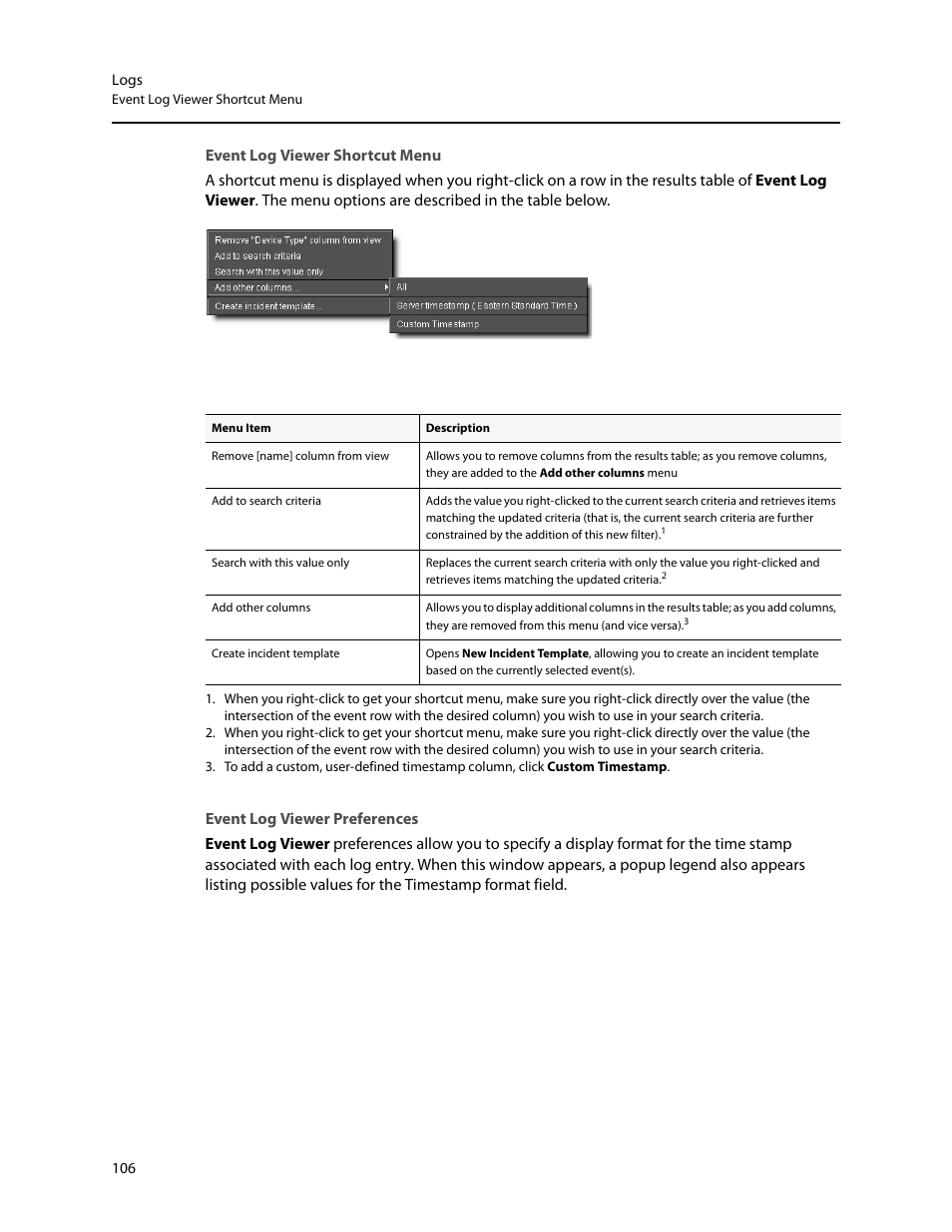 Event log viewer shortcut menu, Event log viewer preferences | Grass Valley iControl V.6.02 User Manual | Page 116 / 610