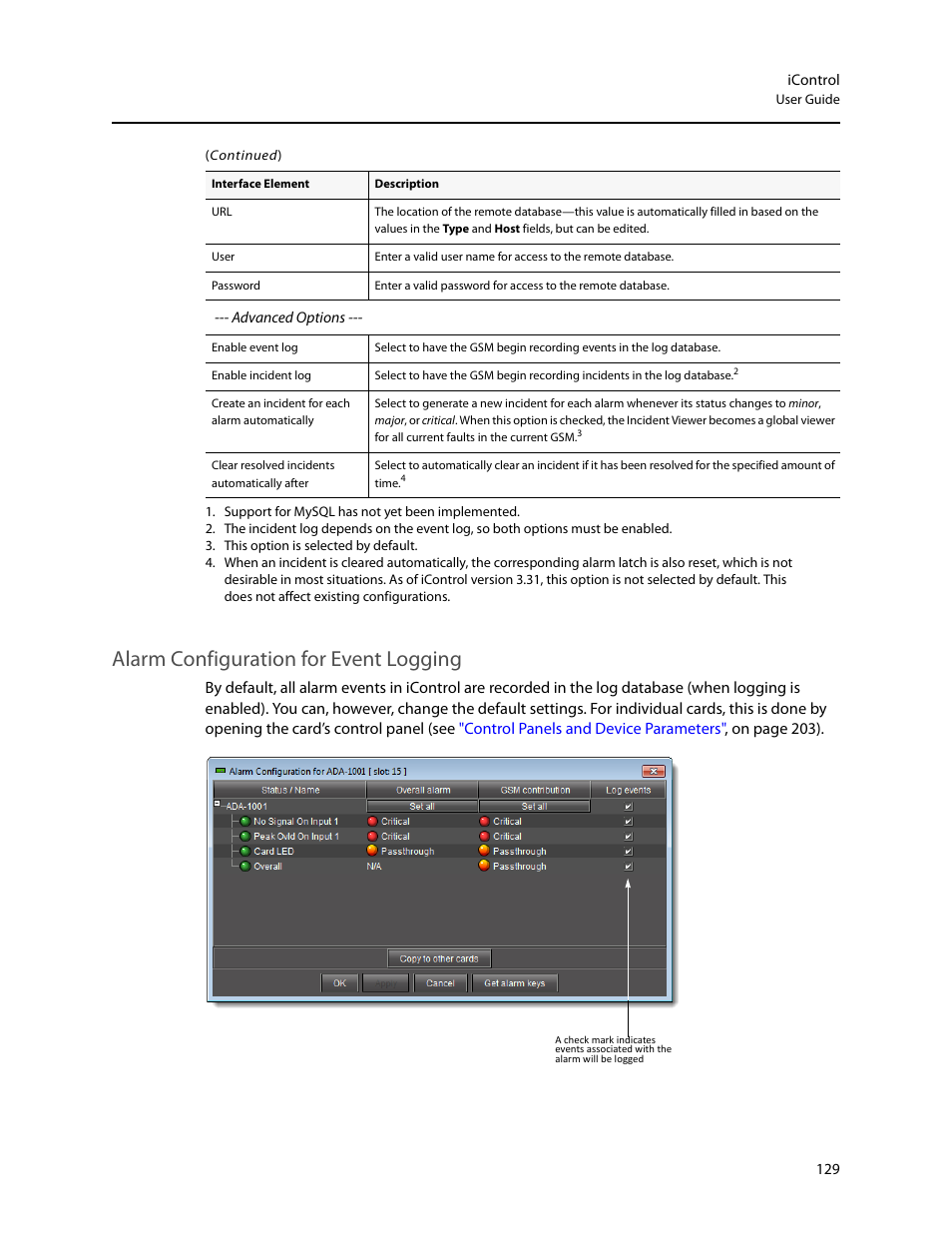 Alarm configuration for event logging, Alarm configuration for event, Logging | Grass Valley iControl V.6.02 User Manual | Page 139 / 610