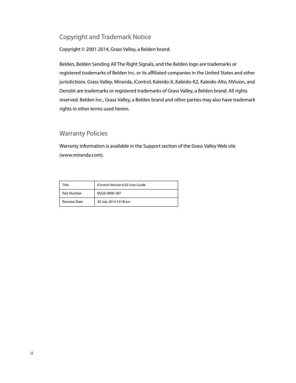 Copyright and trademark notice, Warranty policies | Grass Valley iControl V.6.02 User Manual | Page 2 / 610