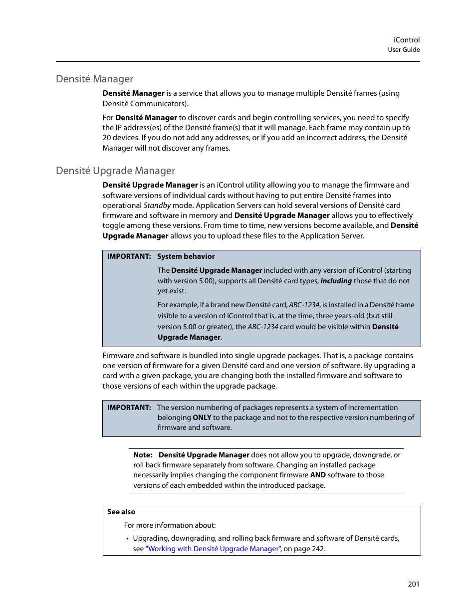 Densité manager, Densité upgrade manager, Densité manager densité upgrade manager | Grass Valley iControl V.6.02 User Manual | Page 211 / 610