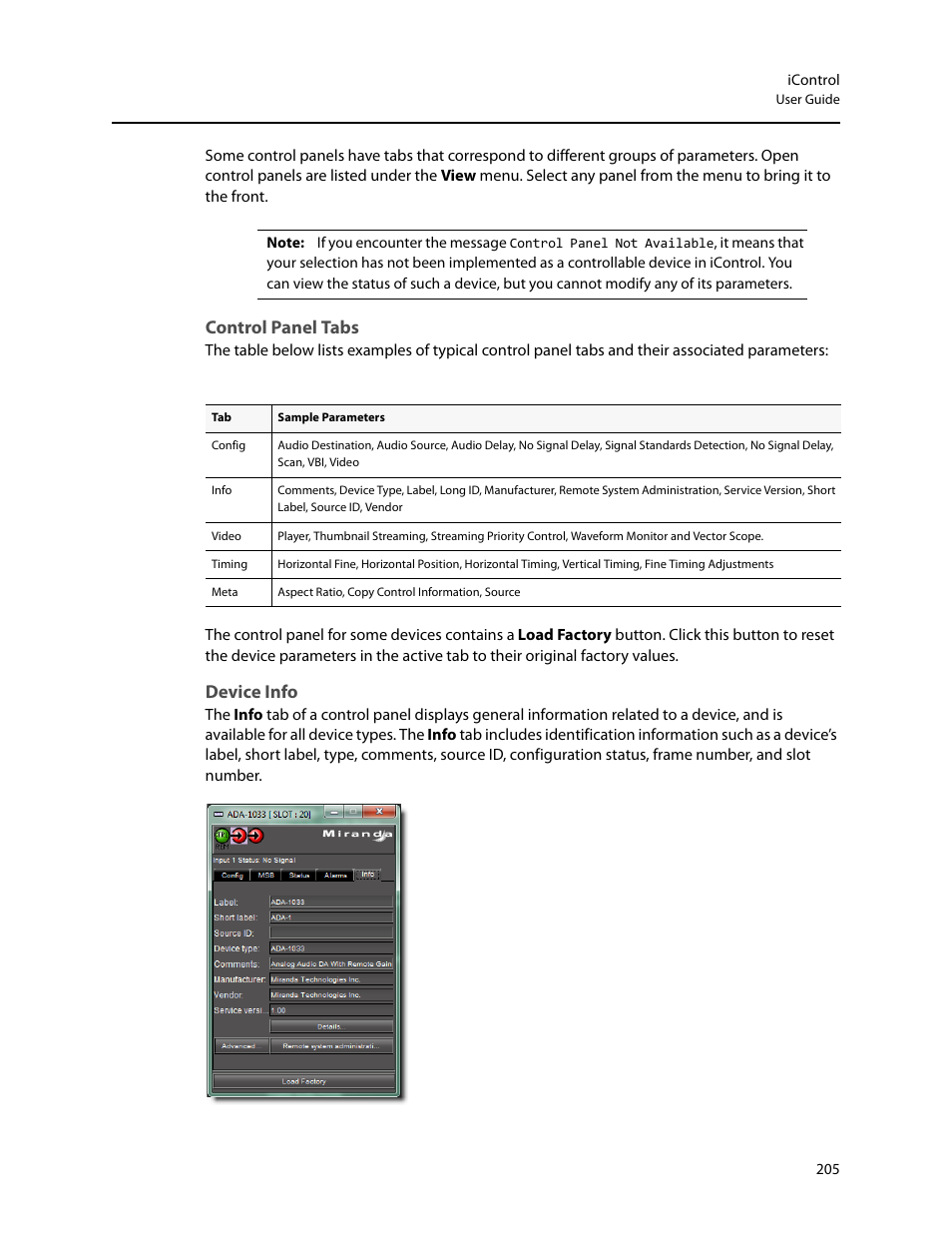 Control panel tabs, Device info | Grass Valley iControl V.6.02 User Manual | Page 215 / 610
