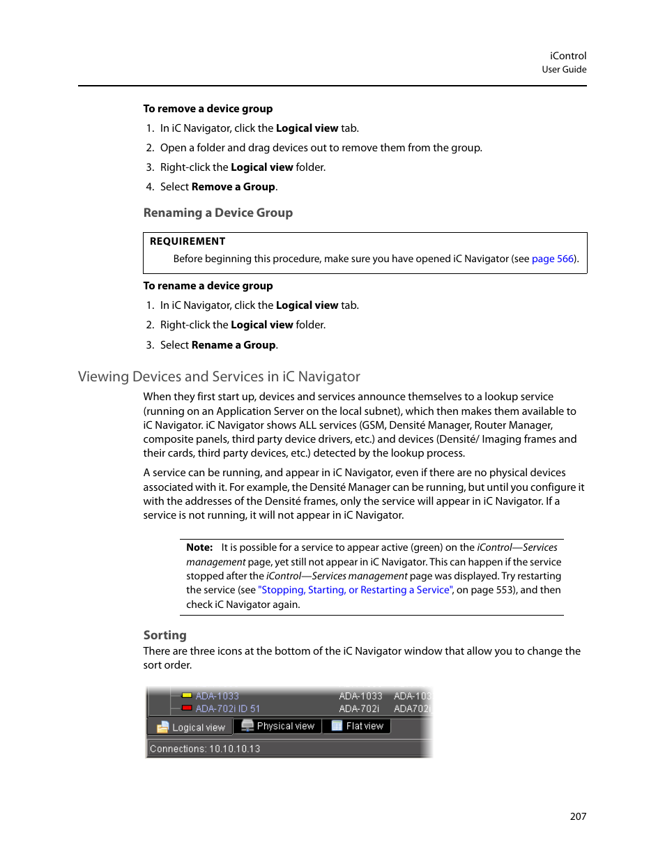 Renaming a device group, Viewing devices and services in ic navigator, Sorting | Grass Valley iControl V.6.02 User Manual | Page 217 / 610