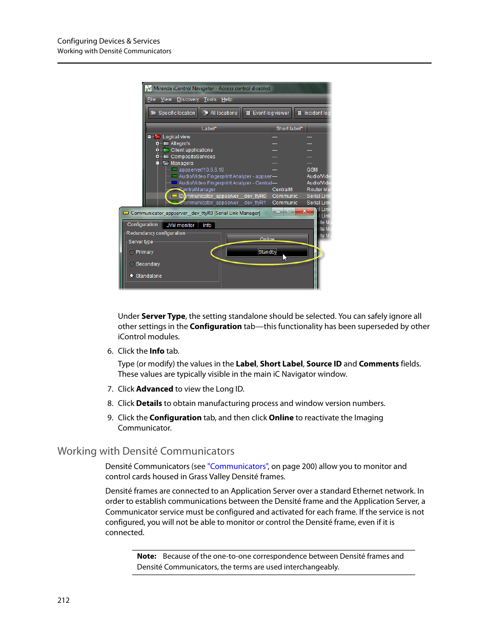 Working with densité communicators | Grass Valley iControl V.6.02 User Manual | Page 222 / 610